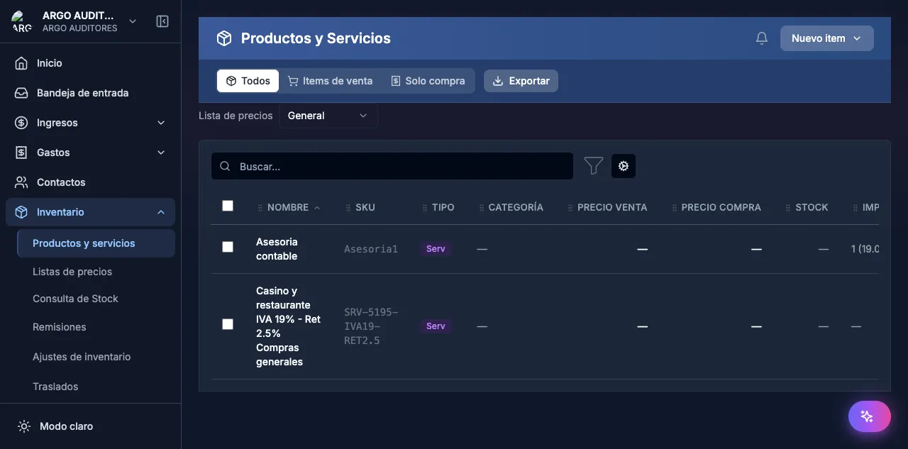 Catálogo de productos con edición inline